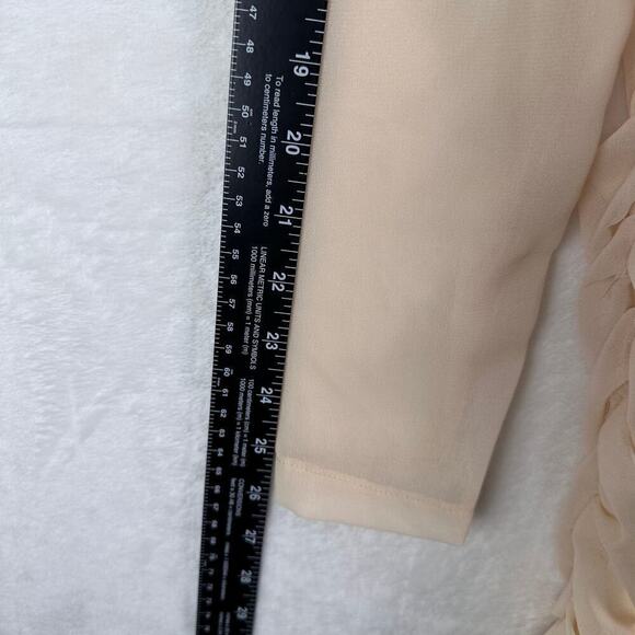 Cream Ruched Long Sleeve Mini Prom Dress Sheer Sleeves Square Neck‎ Bodycon Sz S - Picture 11 of 16